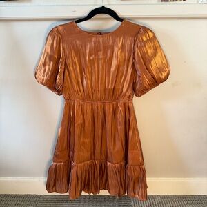Line and Dot Elegant Orange Silk Ruffle Dress Puff Sleeve